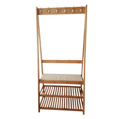 China Modern Bamboo Wooden Coat Hat Rack Stand With Hooks And Shoe Storage And Seating Cushion for sale