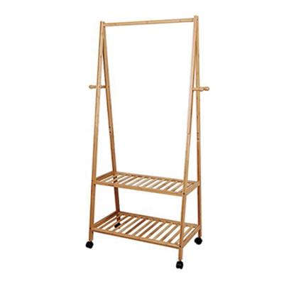 China Modern Bamboo Clothes Rack On Wheels Rolling Garment Rack With 2-Tier Storage Shelves And 4 Coat Hooks for sale