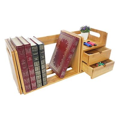 China Viable Expandable Storage Shelf Rack Table Bamboo Wooden Organizer Desk Shelf with 2 Drawers for sale