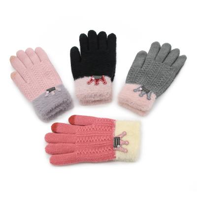 China Keep Warm Fashion Imitation Cashmere Crown Slit Finger Gloves Thickened Outdoor Winter Touch Screen Knitted Warm Glove Knitted Gloves for sale