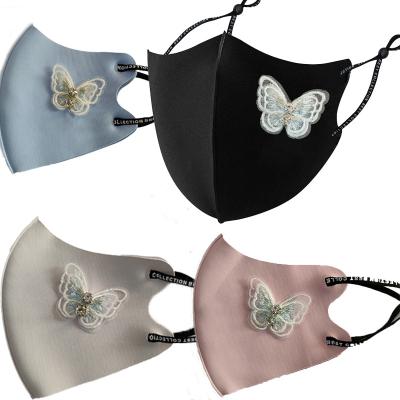 China Skin Friendly Fashion Embroidered Rhinestone 3D Silk Face Mask Washable And Reusable Bling Dustproof Adult Ice Glitter Butterfly Face Mask for sale