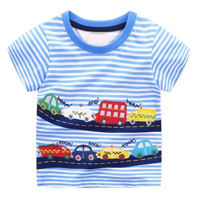 China Breathable Blue Striped T Shirts With Cartoon Car Pattern Kids Summer Shirts for sale