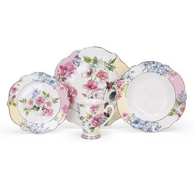 China New Viable Bone China Wave Ceramic Dinner Dish Sets Luxury Floral Gold Rim Porcelain Dinnerware Set for sale