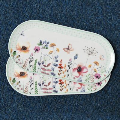 China Viable Flowers Ceramic Decal Serving Dish Oval Dessert Cake Dishes Set for sale