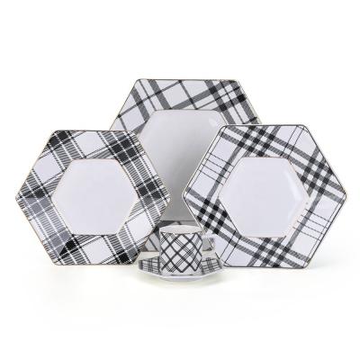 China Viable Gold Rim Tableware Black And White Hexagon Shape Porcelain Dinner Set Dish for sale