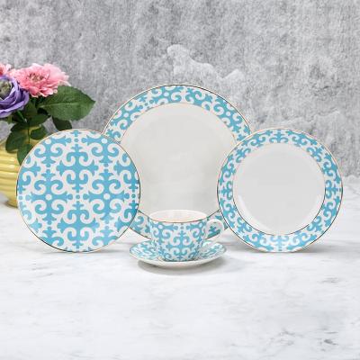 China Gold rimmed high grade porcelain blue and viable dinnerware set white service for 4 people for sale