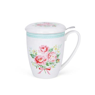 China Sustainable Rose Design Mug Gift Set Custom Ceramic Tea Mug With Infuser And Lid for sale