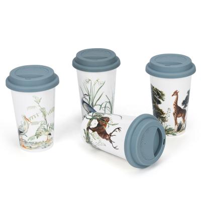 China Custom Printed Viable Porcelain Travel Mug With Silicone Lid Travel Insulated Coffee Mugs for sale