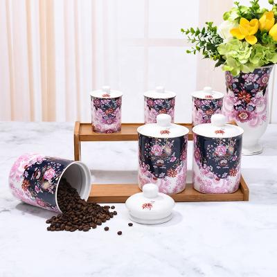 China Kitchen Canister Set Ceramic Round Coffee Tea Sustainable Sugar Storage Airtight Canisters for sale