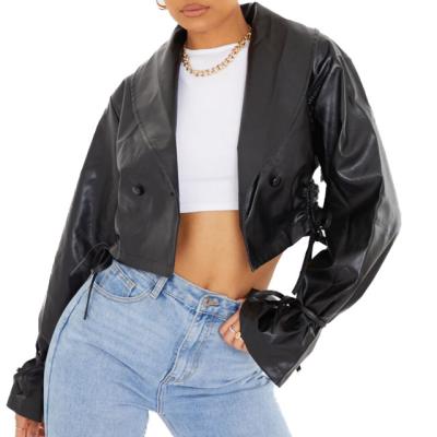 China Waterproof 2021 Wholesale Black Faux Tie Side Sleeve Cropped Biker Leather Ruched Jacket,Faux Leather Jacket,Cropped Jacket Women for sale