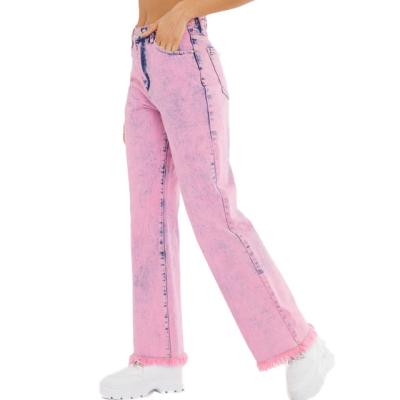 China Hot Sale Large Hot Pink Windproof Quality Acid Wash Denim Fringed Hem Wide Leg Jeans, Pink Denim Pants Women, Wide Leg Pants Women for sale