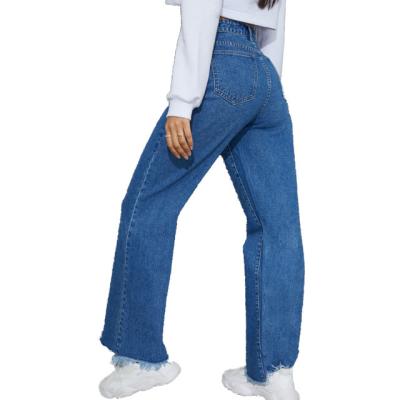 China Factory Direct Selling High Quality Blue Wash Acid Wash Denim Windproof Mid Fringed Hem Wide Leg Jeans, Wide Leg Jeans Women, Ladies Jeans for sale