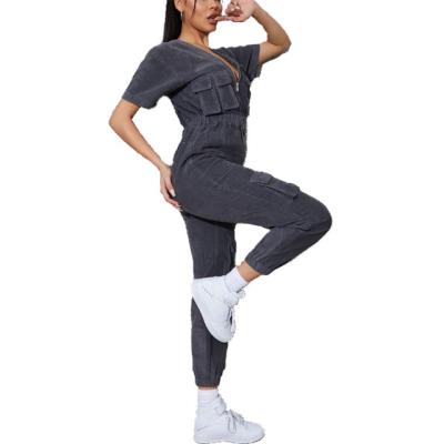 China Gray Short Sleeved Cargo Pocket breathable promotional rope jumpsuit, women jumpsuit, women playsuit for sale