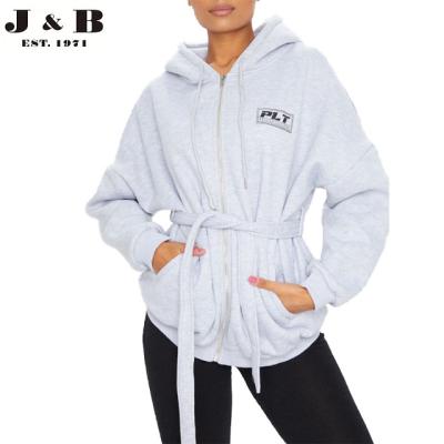 China cheap GRAY SLOGAN BELTED HOODIE windproof promotion price, women hooded sweater, young ladies fashion for sale