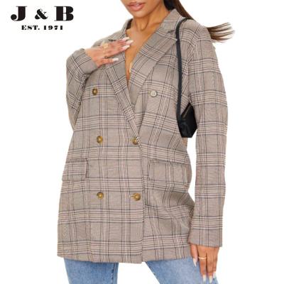 China Breathable young ladies fashion good quality STONE CHECK PRINT WOVEN OVERSIZE BLAZER, women causal blazer for sale