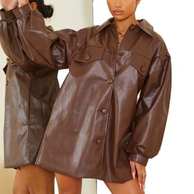 China Viable High Quality Hot Sale Chocolate Faux Drop Arm Balloon Sleeve Leather Shirt Dress, Shirt Dress Women, Shirt Leather Dress for sale