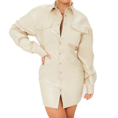 China Large Viable Wholesale Quality Stone Faux Leather Side Split Pocket Detail Shirt Dress, Women Leather Shirt Dress, Shirt Dress Ladies for sale