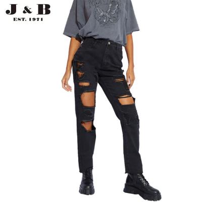 China Breathable Popular Excellent Quality Washed High Waist Black Ripped Straight Leg Jeans for sale