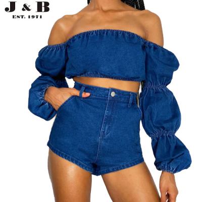 China High Quality Hot Selling DARK BLUE WASH Breathable LAYED PUFF SLEEVE DENIM CULTURE TOP, Women's Denim Top, Girls' Top for sale