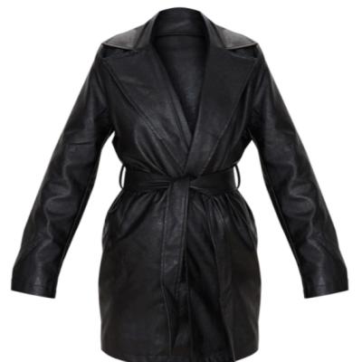 China Autumn and winter new women's black leather jacket coat lapel breathable basic jacket with belt women's clothing for sale