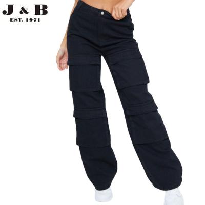 China fashion high quality CARGO BLACK FRONT POCKET WASHED WIDE LEG WIDE LEG JEANS windproof, ladies jeanswear for sale