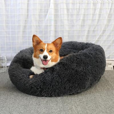 China Custom Made Removable Ultra Soft Washable Faux Fur Cushion Fluffy Cat Pet Cushion Plush Round Eco-Friendly Dog Beds for sale