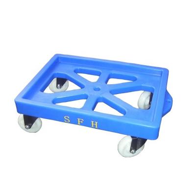 China Stackable Plastic HDPE 150KG Dolly Cart Trolley Warehouse Dolly Roto Frame With 4 Wheels for sale