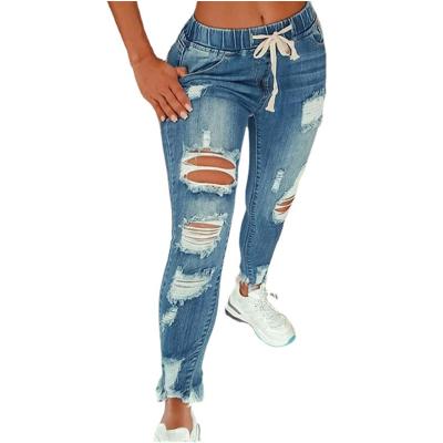 China 2021 waterproof hot sale plus size women's jeans pants ladies hole high waist slim fringe denim pants for sale