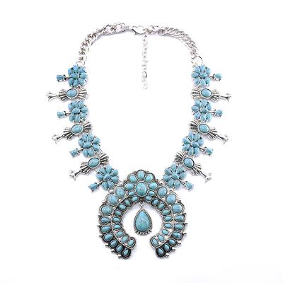 China Vintage Fashion Women Jewelry Necklace Turquoise Bohemian Round Beads Necklace Flower Ladies Neck Chain for sale