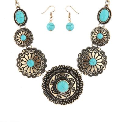 China Vintage Fashion Women Carving Flower Turquoise Necklace Earrings Costume Bohemia Circular Lady Jewelry Set for sale