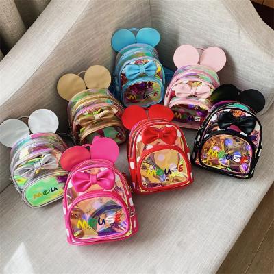 China 2022 Solar panel fashion cartoon bow kids girl laser backpack letter transparent zipper bag for toddler baby for sale