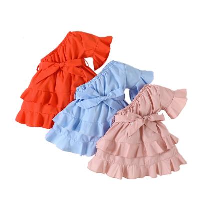 China Breathable 2022 Summer Clothes Single Shoulder Little Girls Dresses For Party Cake Kids Baby Pleated Skirt for sale