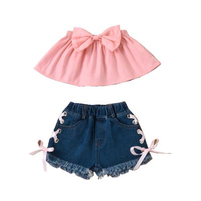 China Sweet Babies Clothing Sets Off Shoulder With Bows+Lace Denim Shorts 2Pcs Kids Clothes Wholesale Girl Summer Clothes Fashion for sale