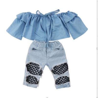 China European and American batwing sleeve children's clothing girls denim jacket + net jeans ripped two-piece suit for sale