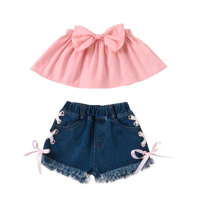 China New Children's Beauty Wear Girls Soft Bow Solid Color Strapless Bra Tops Lace Up Denim Shorts Two Piece Set for sale