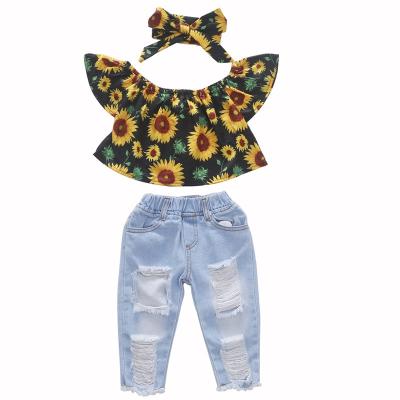 China Wholesale Soft Strapless Two-Piece Crop Sleeve Floating Sun Flower Sun Jeans Pants Set Kids Baby Clothing Top Outfit Girl for sale