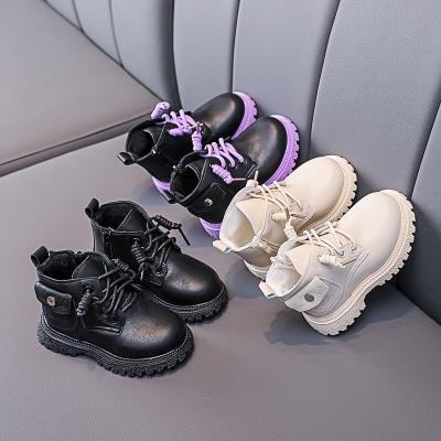 China 2022 Retro Children's Wholesale Baby Martin Boots Lace Up Pu Leather Waterproof Bottom To Help Warm Plush Boots Ankle Shoes for sale