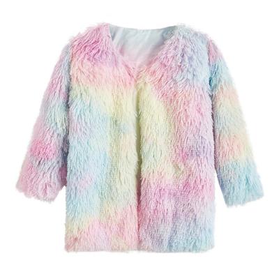 China Anti-wrinkle Fashion Baby Toddler Rainbow Fur Plush Coat Long Sleeve Children Girl Warm Jackets for sale