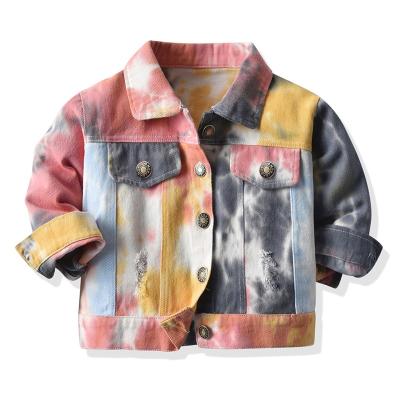 China Color Fade Proof Wholesale Tie Dyed Hollowed Out Kids Boy's Denim Coat Toddler Baby Long Sleeve Jeans Jackets for sale