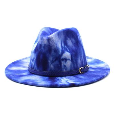 China New Dye Tie Plush Brim Men Women Wide Jazz Blue Panama Fedora Unisex Sun Outdoor Hat for sale