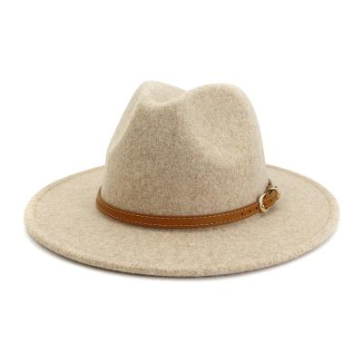 China Plush Beige Wool Felted Hat Cap With Belt Panama Jazz Mens Womens Autumn Winter Wide Brim Hats for sale