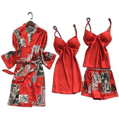 China QUICK DRY Four-piece Summer Home Use Wedding Dress Long Sleeve Ladies' Silk Bathrobe Pajamas for sale