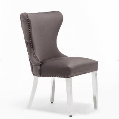 China Wholesale Modern Gray Pu Leather Button Back Dark Dining Chair With Mirrored Stainless Steel Legs Dining Room Furniture for sale