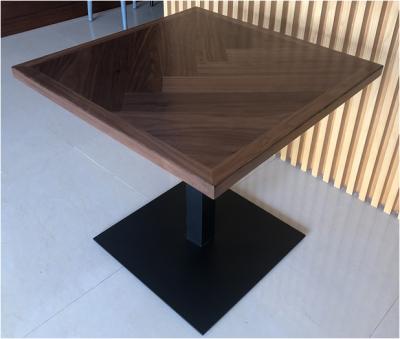 China Modern dark edge walnut color solid wood table top with black metal base used for restaurant and cafe dining table for sale