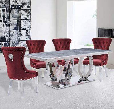 China Modern Modern Rectangle Mirrored Frame Silver Marble Stainless Steel Dining Room Furniture Table Top Set for sale