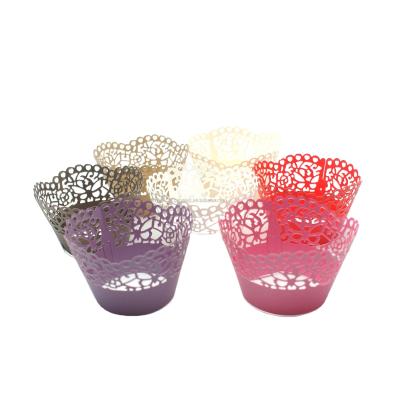 China Disposable hot sale party colorful laser cut lace paper cupcake wrappers cake decoration for sale