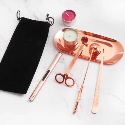 China To Cut Filament Wholesale Factory Direct 4 in 1 Candle Wick Trimmer Dipper Candle Sniffer with Metal Tray Candle Accessories Scissors Set for sale