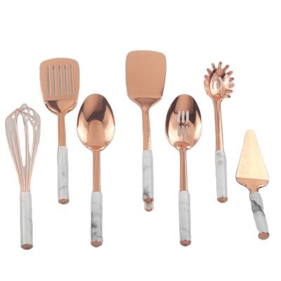 China New Viable Popular Stainless Steel 7Pcs Rose Gold Cookware Kitchenware Set with Marble Printing Handle for sale