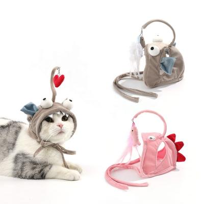 China New Viable Fish Cat Teaser Stick Cats Toys Funny Cat Stick Little Dinosaur Funny Toy Stick Gray Big Eye Feather Headgear for sale