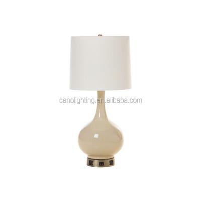 China Contemporary Modern Glossy Yellow Ceramic Lamp Body With White Fabric Shade Bedroom Reading Linen Table Lamp for sale